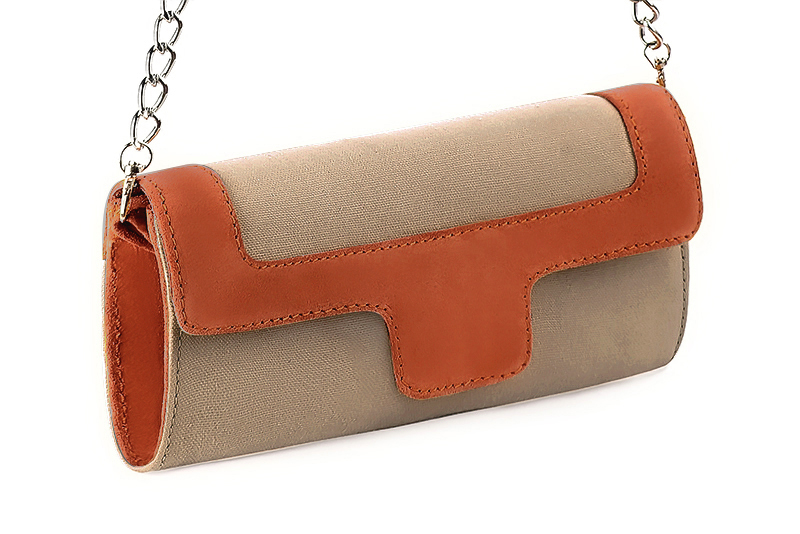 Women's tan beige and terracotta orange luxurious elegant clutch for ceremonies, weddings and evenings out. - Front view